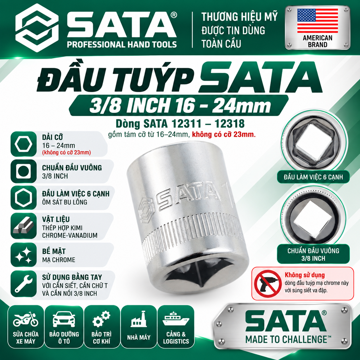 Đầu tuýp SATA 3/8 inch cỡ 16–24mm – Dòng 12311–12318