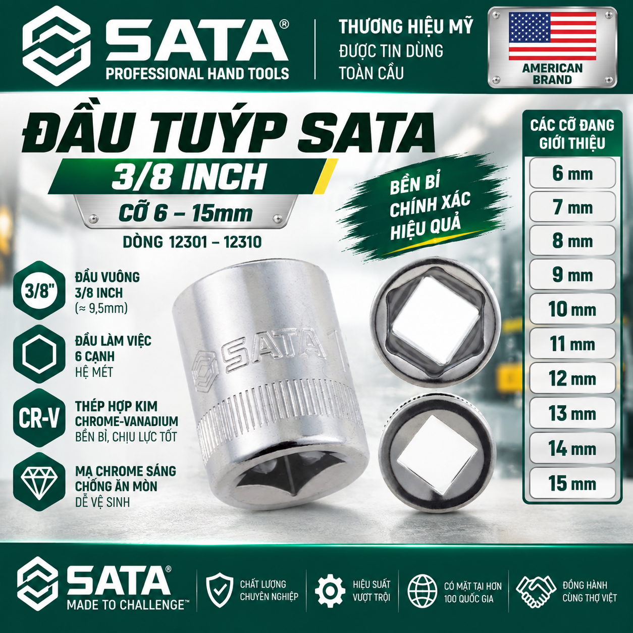 Đầu tuýp SATA 3/8 inch cỡ 6–15mm – Dòng 12301–12310 - Cỡ 6–15mm tại Hải Phòng