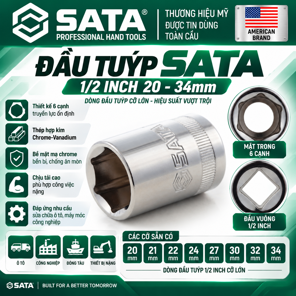 Đầu tuýp 6 cạnh SATA 1/2 inch hệ mét cỡ lớn 20–34mmm – Dòng 13311–13318, 13321