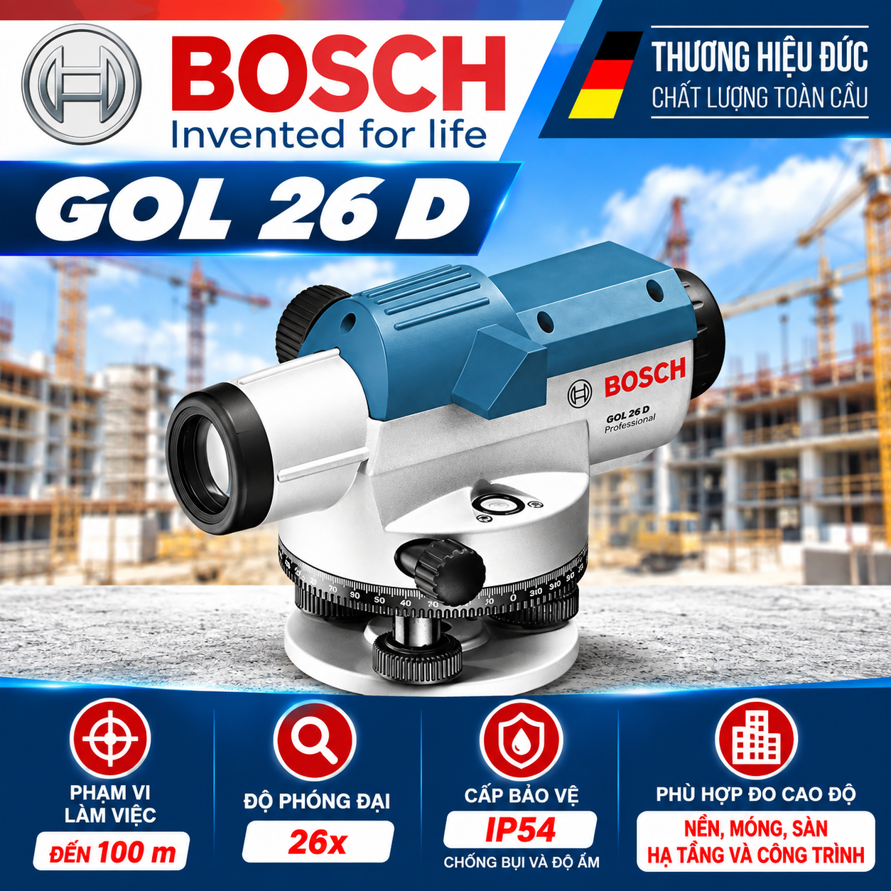 Máy Thủy Bình 100m Bosch GOL 26 D – Đo Cao Độ Chính Xác Cho Công Trình