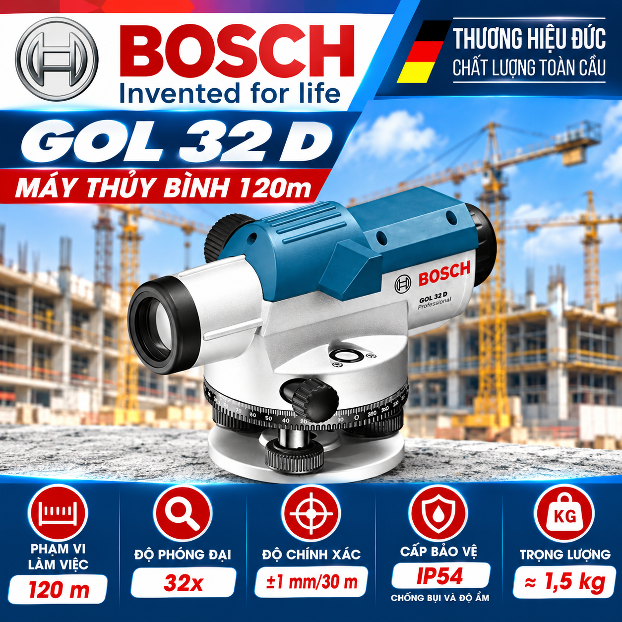 Máy Thủy Bình Bosch GOL 32 D – Đo 120m, Phóng Đại 32x