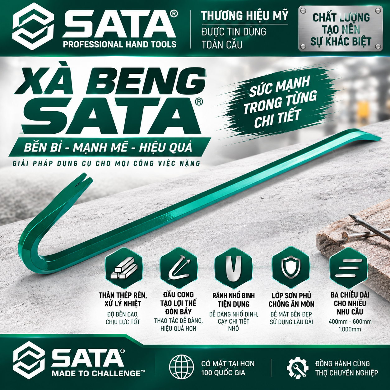 Xà beng SATA 92561, 92562, 92564 – Xà beng nhổ đinh, cạy phá chuyên nghiệp