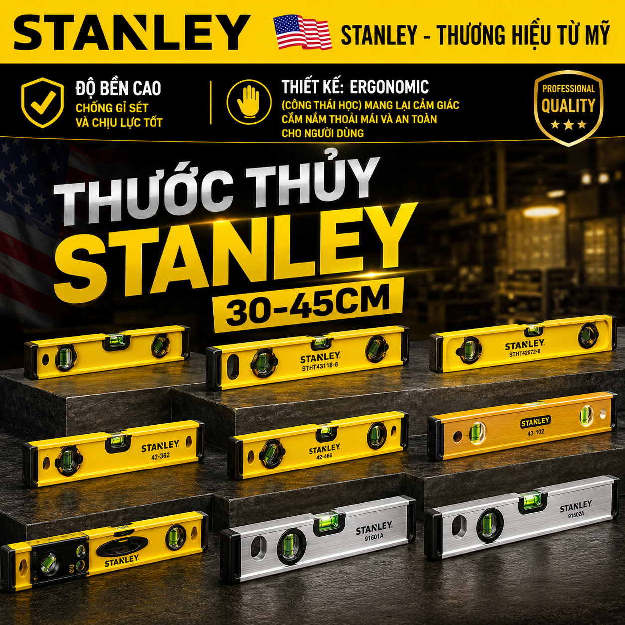 Thước thủy Stanley 30–45cm nhôm, ABS và dạng hộp chính hãng Hải Phòng